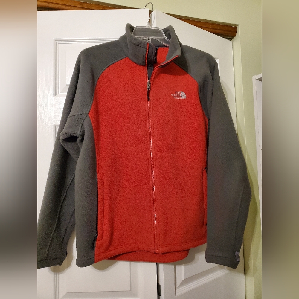 Men's Large North Face Zipper Fleece Jacket, Red and Gray